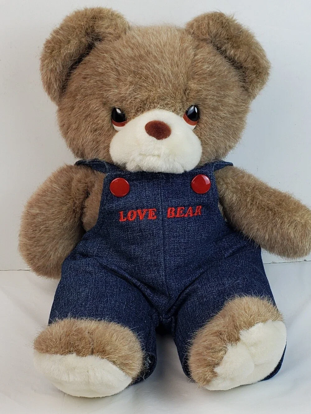 Russ Berrie VTG Love Bear Jean Denim Bib Overalls Caress Soft Plush Korea - GUC